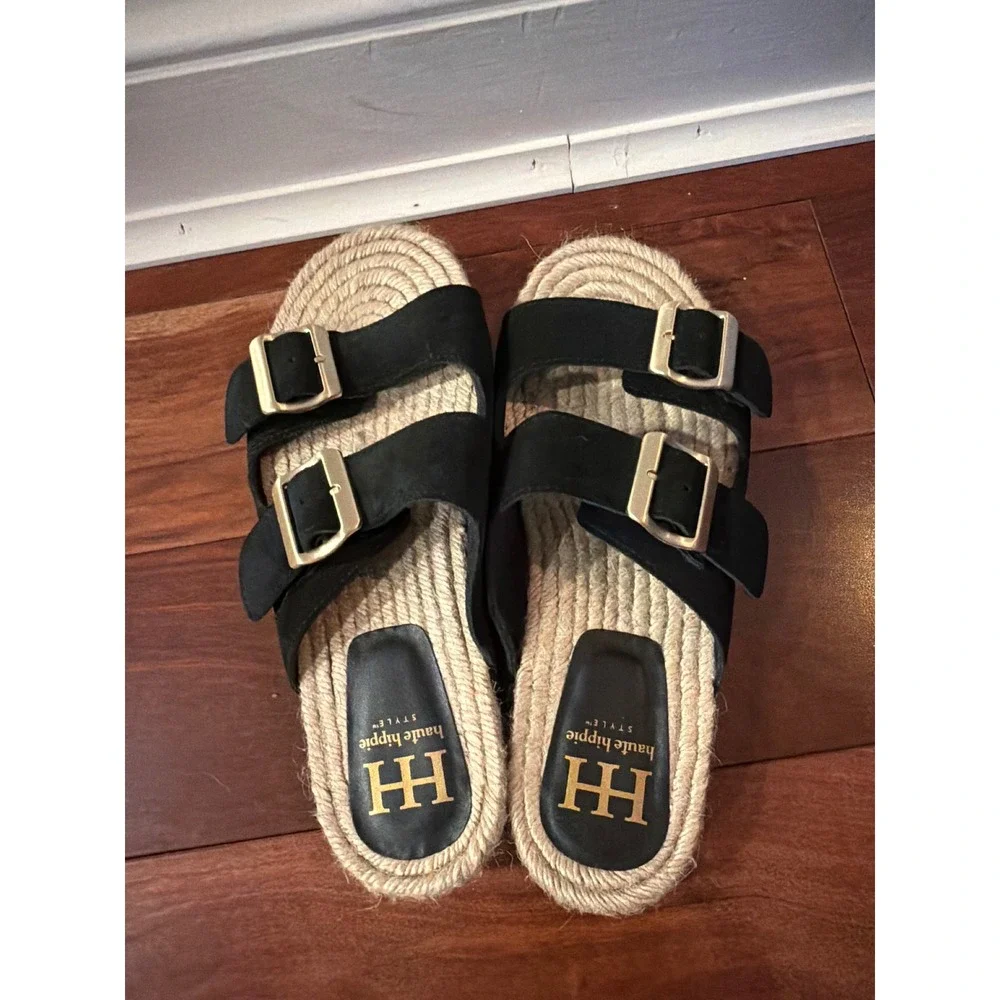 Haute Hippie Style Black Suede Espadrille Buckle Slide Sandals Womens 9M NIKKU